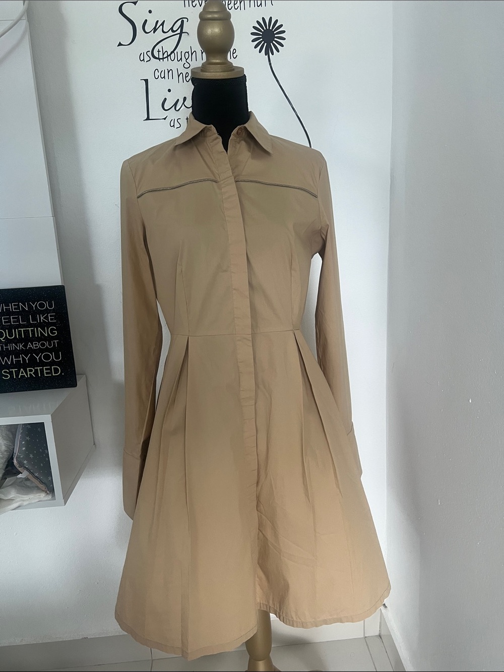 DKNY Tan Long-Sleeve Shirt Dress with Flared Skirt
